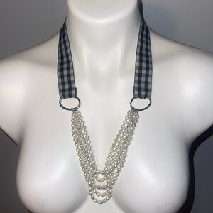 Cookie Lee Plaid & Pearl Bead 5 Strand Black & White Gingham Fabric Necklace